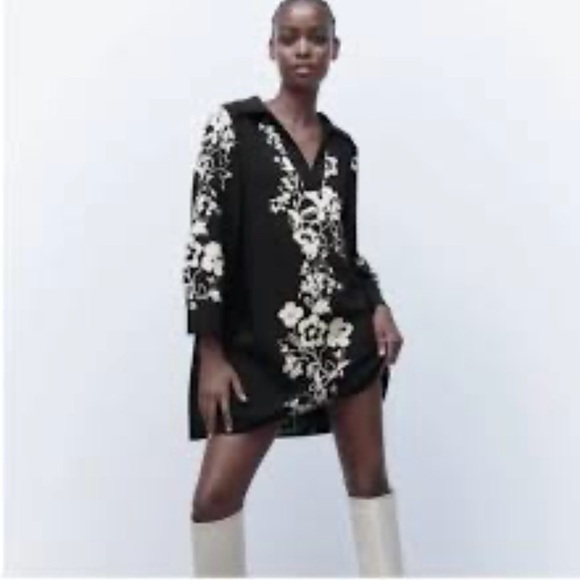 Zara Dresses & Skirts - Zara Black Dress with Cream Floral Accents